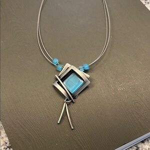 Silver and Blue Geometric Pendant Necklace